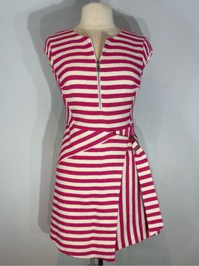 Karen Millen Pink Striped Textured Knit Belted Dress Size 8